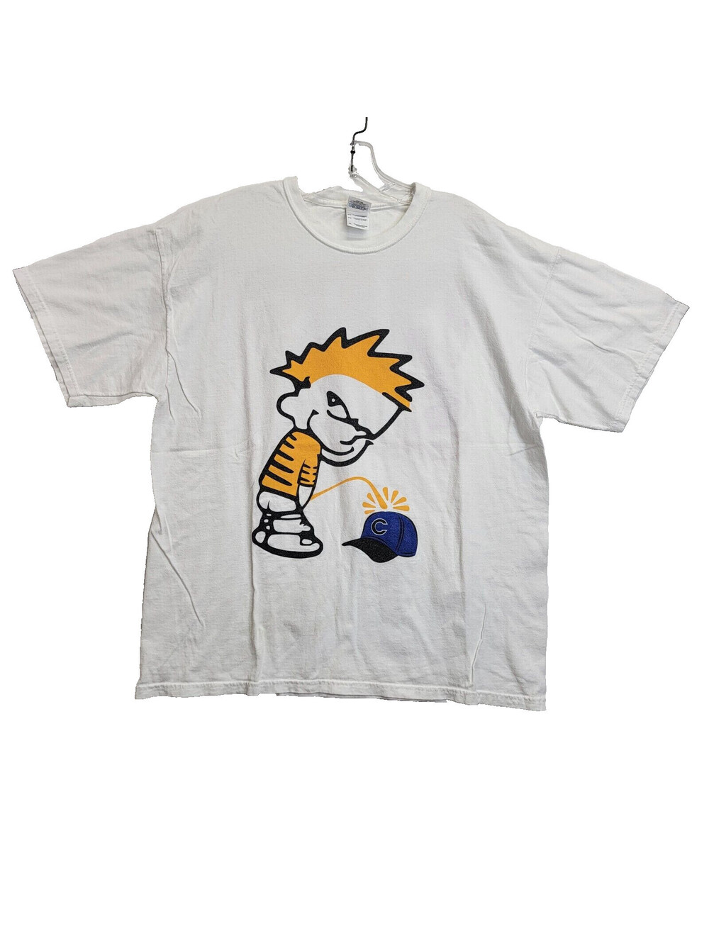 White Chicago Cubs Suck Calvin Peeing On Cubs Hat Spellout MLB Gildan SX XL